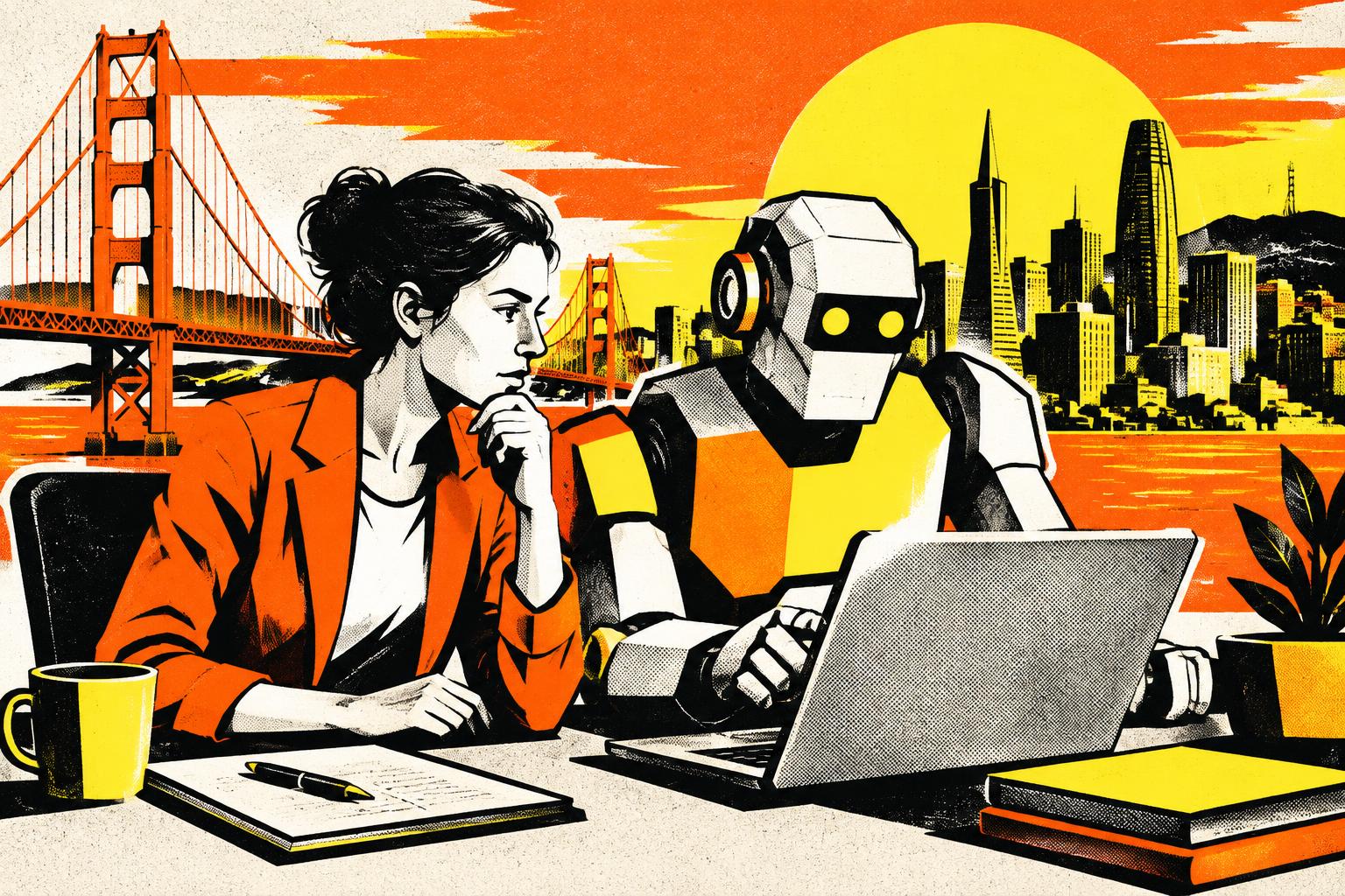 Une professionnelle et un agent IA travaillant côte à côte, Silicon Valley